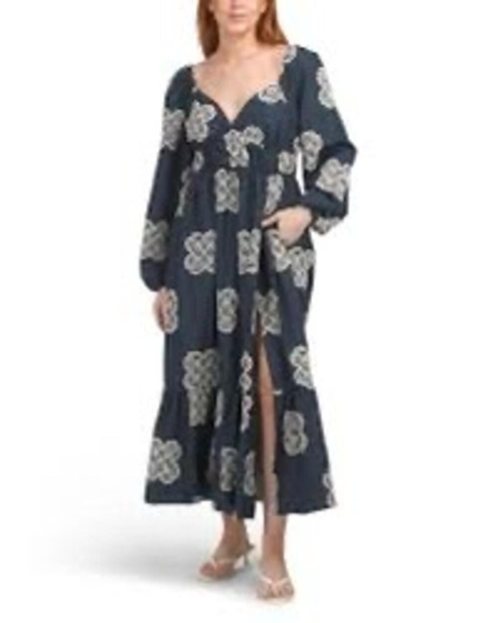 CIEBON Serbita medallion-embroidered cotton and linen midi dress Size XS